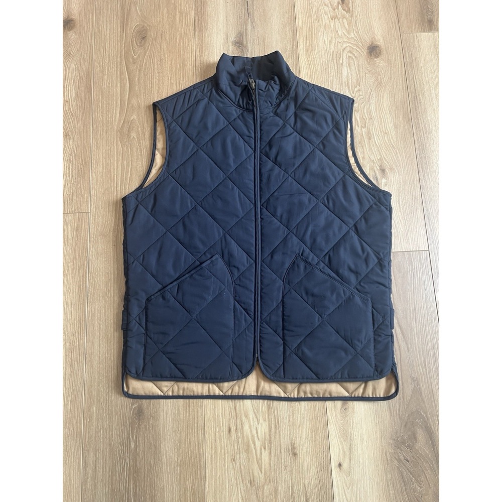 J.Crew Mens M Quilted Vest Navy Blue Tan Lined Full Zip Authentic Outerwear